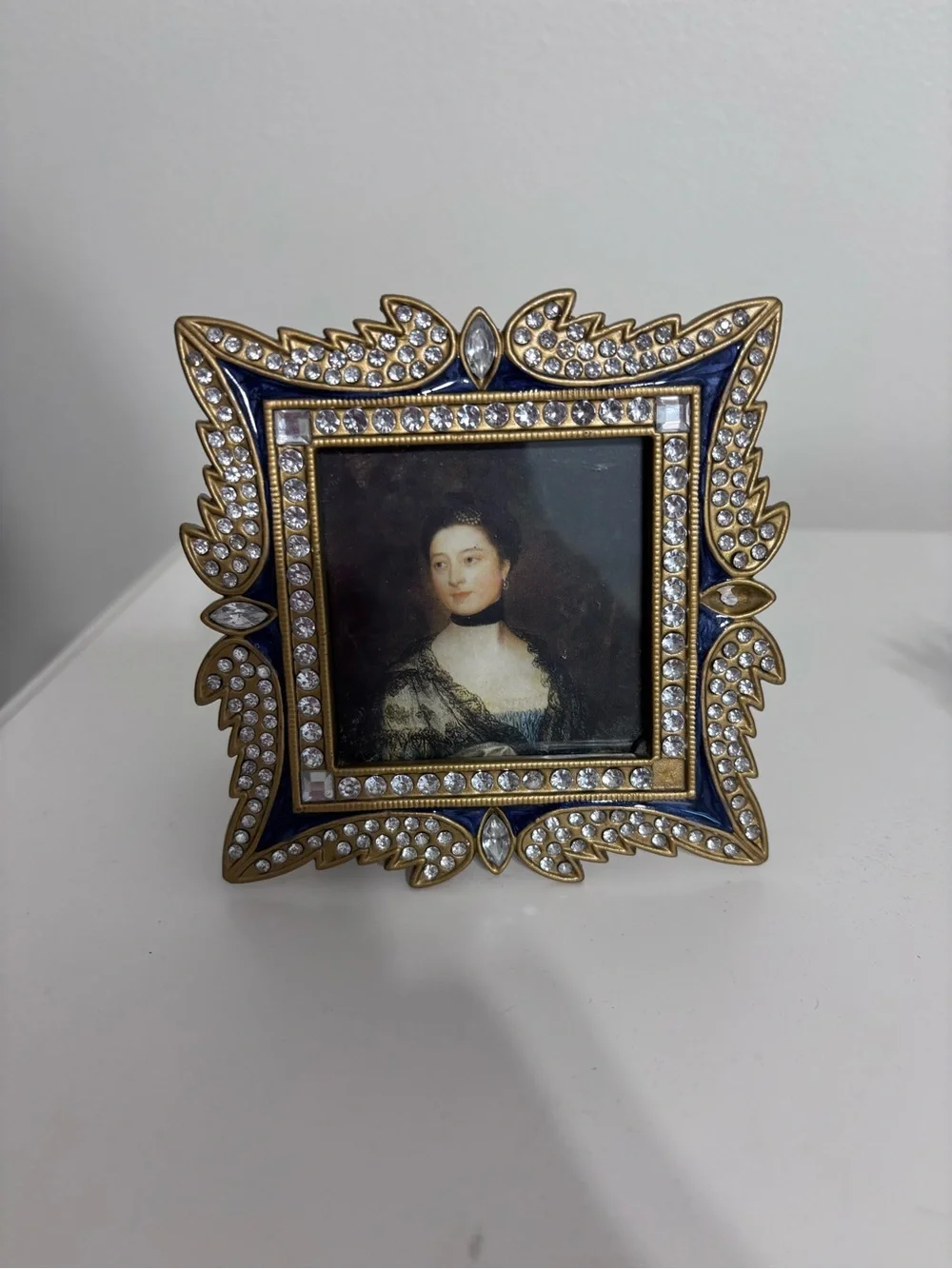 Vintage style ornate blue and gold with rhinestones mini picture frame 2.5”x2.5”